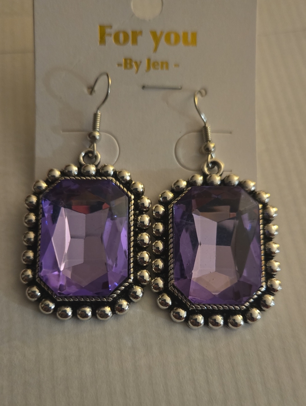 Women's Purple Crystal Faceted Drop Earrings with Silver Bead Frame